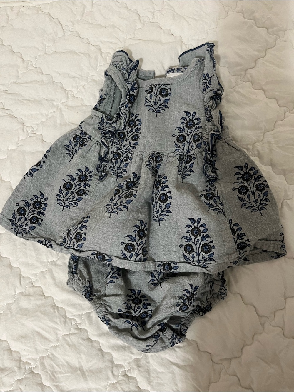 Blue Floral Ruffle Dress & Matching Diaper Cover - Unbranded